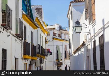 Typical whitewashed houses along the streets of the city of Cordoba, Spain