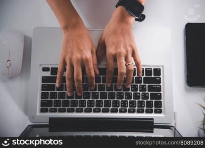 Typing keyboard. Female person text message for new project she remote work on computer, Closeup Hands of business woman over laptop keypad during working at desk, teen chat online with friend