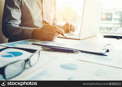 Typing laptop Business Man working with blank screen Planning Strategy Analysis Concept