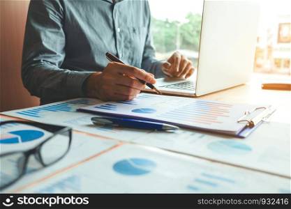 Typing laptop Business Man working with blank screen Planning Strategy Analysis Concept