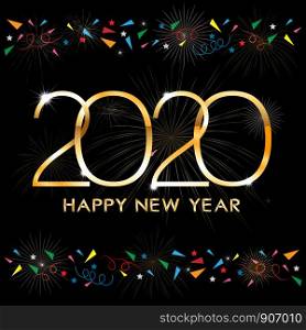 Typography text Happy new year 2020 in golden style with firework background, Creative design for Greeting Lettering. New Year 2020, flyers, posters, banners and calendar.