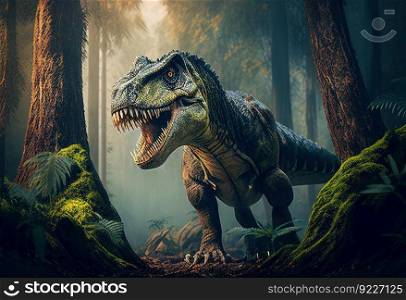 Tyrannosaurus in the forest illustration. Ai genrative.