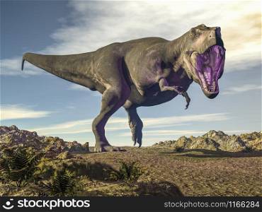 Tyrannosaurus rex roaring in the desert by day - 3D render. Tyrannosaurus rex roaring in the desert - 3D render