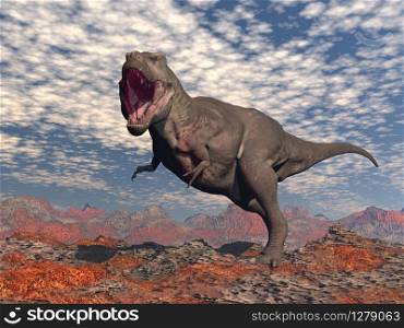 Tyrannosaurus rex roaring in the red desert by cloudy day - 3D render. Tyrannosaurus rex roaring in the red desert - 3D render