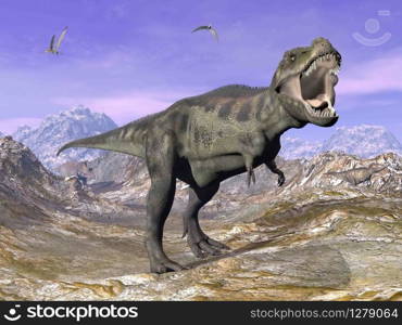 Tyrannosaurus T-Rex roaring in nature by day- 3D render. Tyrannosaurus T-Rex roaring in nature - 3D render