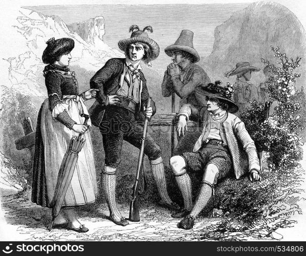 Tyrolean costumes, vintage engraved illustration. Magasin Pittoresque 1857.