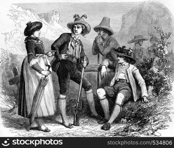 Tyrolean costumes, vintage engraved illustration. Magasin Pittoresque 1857.
