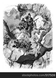 Tyrolean hunters, vintage engraved illustration. Magasin Pittoresque 1845.