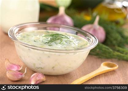 Tzatziki, a Greek and Turkish sauce, made of yoghurt, cucumber, garlic, olive oil and dill (Selective Focus, Focus on the front of the dill on the tzatziki)