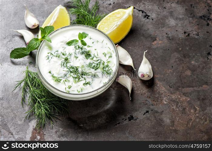 Tzatziki sauce. Fresh dip with herbs dill and mint
