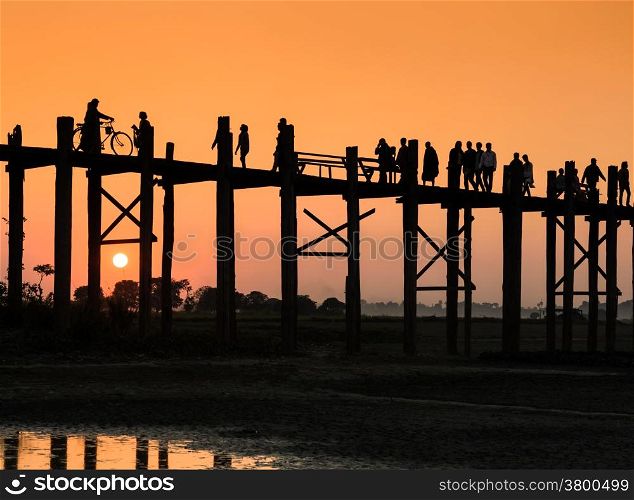 U Bein bridge at sunset in Amarapura near Mandalay, Myanmar (Burma)