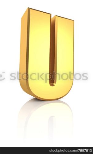 U letter. Gold metal letter on reflective floor. White background. 3d render