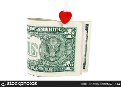 U.S. one dollars with symbol of heart isolated on white background