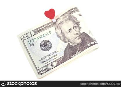 U.S. ten dollars with the symbol of heart isolated on white background