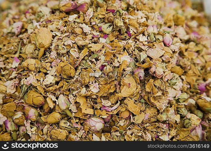 UAE, Dubai, dried small roses are for sale at the spice souq in Deira