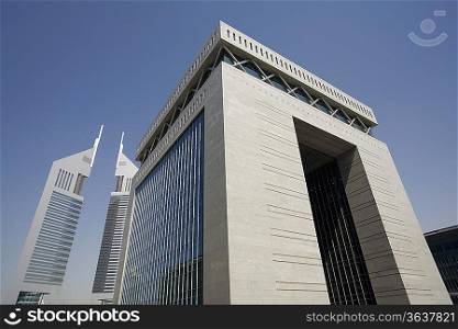 UAE, Dubai, The Gate building of the Dubai International Financial Centre and the Emirates Towers