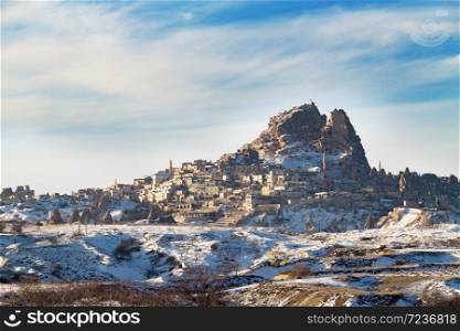 Uchisar Castle in winter, Cappadocia, Goreme, Turkey.. Uchisar Castle in winter.