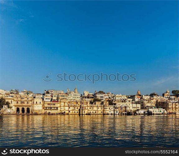 Udaipur houses and ghats on lake Pichola. Udaipur, Rajasthan, India