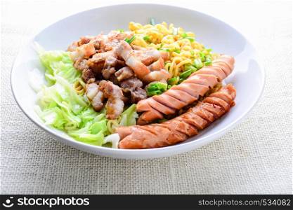 Udon noodles with grilled pork, sausage and cabbage - Japanese cuisine. Udon noodles with grilled pork