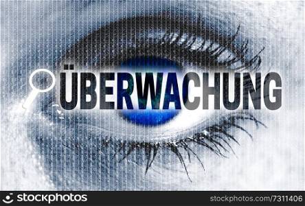 ueberwachung (in german monitoring) eye looks at viewer concept.. ueberwachung (in german monitoring) eye looks at viewer concept