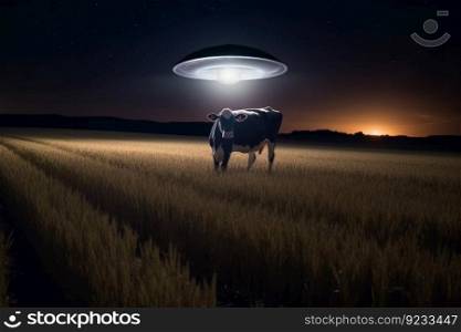 Ufo abducting cow field. Animal nature. Generate Ai. Ufo abducting cow field. Generate Ai