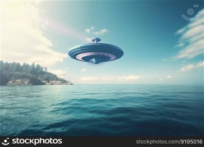 Ufo fly above sea. Sky spaceship. Generate Ai. Ufo fly above sea. Generate Ai