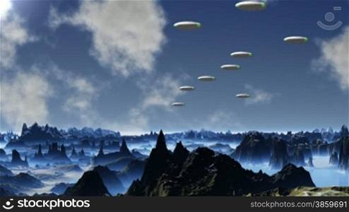 UFO fly against the blue sky, clouds, the moon and a mountain landscape
