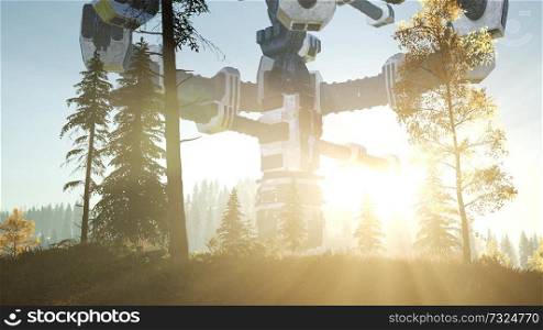 UFO hovering over a forest at sunset with light beam