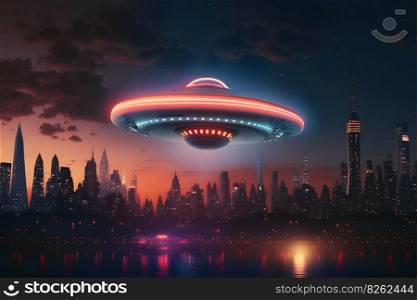 UFO object with glowing lights flying to city center on a rainy day. Neural network AI generated art. UFO object with glowing lights flying to city center on a rainy day. Neural network generated art