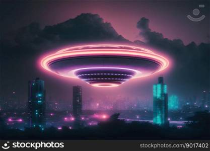 UFO object with glowing lights flying to city center on a rainy day. Neural network AI generated art. UFO object with glowing lights flying to city center on a rainy day. Neural network generated art