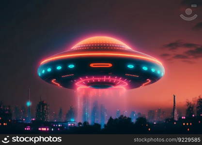 UFO object with glowing lights flying to city center on a rainy day. Neural network AI generated art. UFO object with glowing lights flying to city center on a rainy day. Neural network generated art