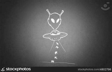 UFO or alien. Sketch of alien flying in UFO saucer