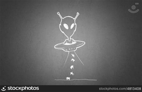 UFO or alien. Sketch of alien flying in UFO saucer