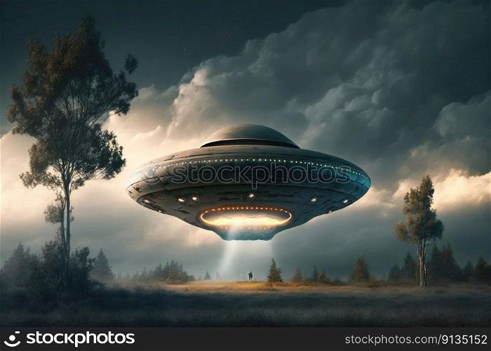 UFO Saucer Hovering Above the Field  Created with Generative AI Technology