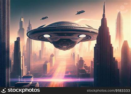 ufo, soaring over futuristic cityscape, with skyscrapers and flying cars visible in the background, created with generative ai. ufo, soaring over futuristic cityscape, with skyscrapers and flying cars visible in the background