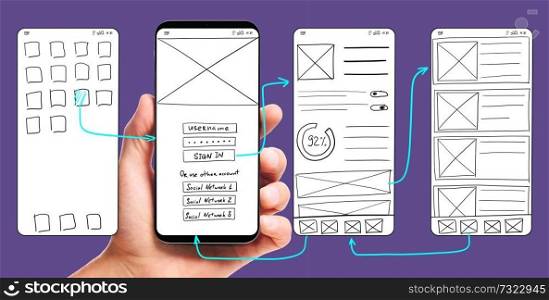 UI development. Male hand holding smartphone with wireframed user interface screen prototypes of a mobile application on ultra violet background.. Developing mobile app UI