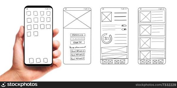 UI development. Male hand holding smartphone with wireframed user interface screen prototypes of a mobile application on white background.. Developing mobile app UI