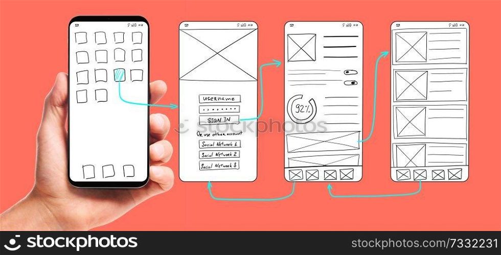 UI development. Male hand holding smartphone with wireframed user interface screen prototypes of a mobile application on living coral background.. Developing mobile app UI