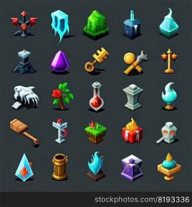 ui rpg 2d game icons ai generated. gold interface, object effect, gem gui ui rpg 2d game icons illustration. ui rpg 2d game icons ai generated