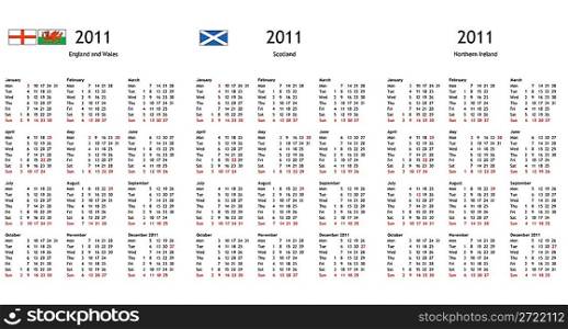 UK 2011 calendar with local national bank holidays for England Wales Scotland Northern Ireland