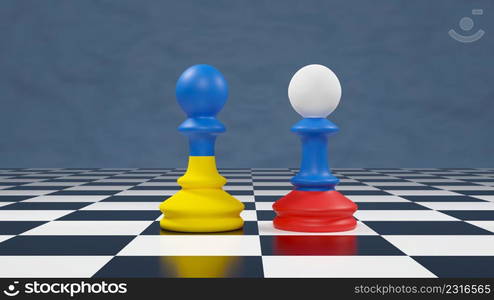 Ukraine and Russia flags paint over on chess pawns.3D render Ukraine vs Russia crisis.