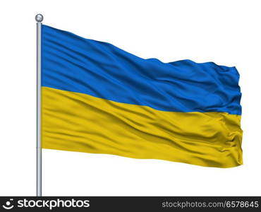 Ukraine Flag On Flagpole, Isolated On White Background. Ukraine Flag On Flagpole, Isolated On White