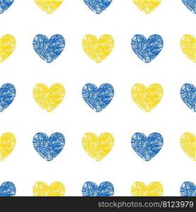 Ukraine heart flag texture vector illustration seamless pattern background. Stand with Ukraine banner. Ukrainian flag blue and yellow colors texture.