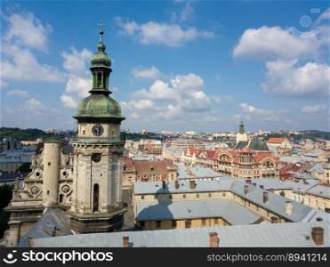 Ukraine, Lviv city center, old architecture, drone photo, bird’s eye view