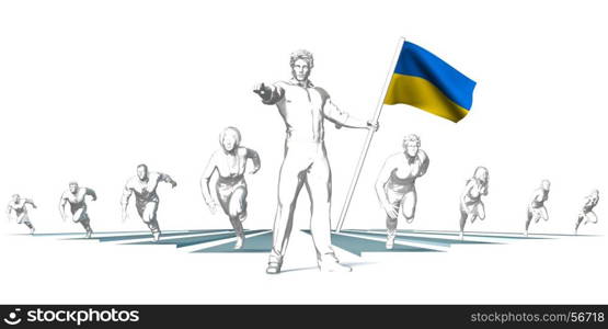 Ukraine Racing to the Future with Man Holding Flag. Ukraine Racing to the Future