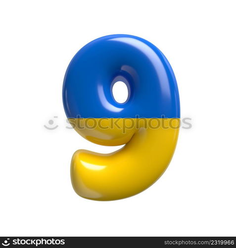 Ukrainian flag number 9 - 3d Ukrainian digit isolated on white background. This alphabet is perfect for creative illustrations related but not limited to Ukraine, Russia, politics...