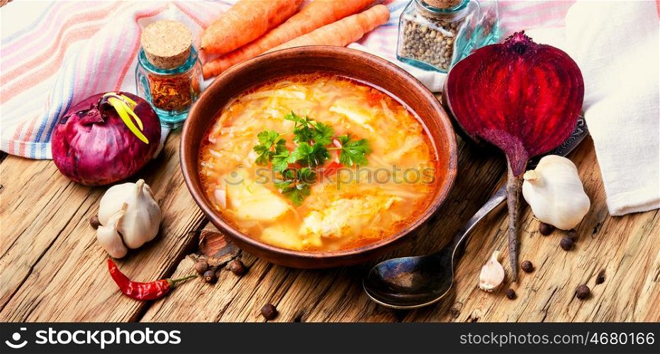 Ukrainian national borshch. food of national Ukrainian cuisine. Borscht with meat and vegetables
