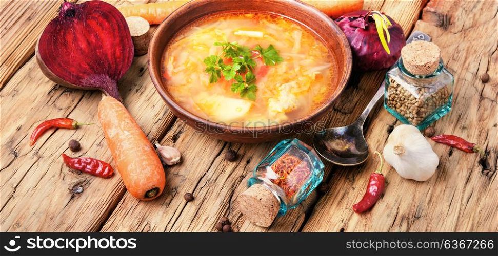 Ukrainian national borshch. Food of national Ukrainian cuisine. Borscht with meat and vegetables
