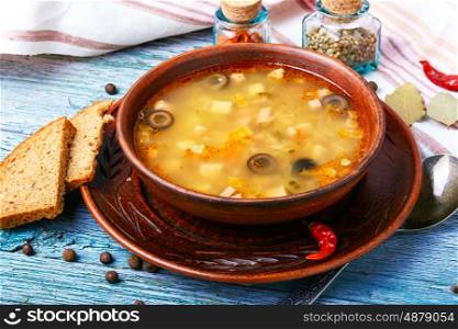 Ukrainian national soup. food of national Ukrainian cuisine.Soup with meat and vegetables
