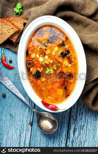 Ukrainian national soup. food of national Ukrainian cuisine.Soup with meat and vegetables